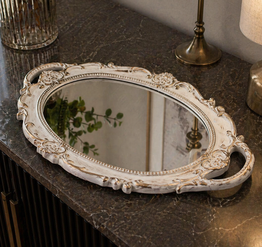 Bandeja Blanca Vintage Bronce Ovalada 40 x 25 cm
