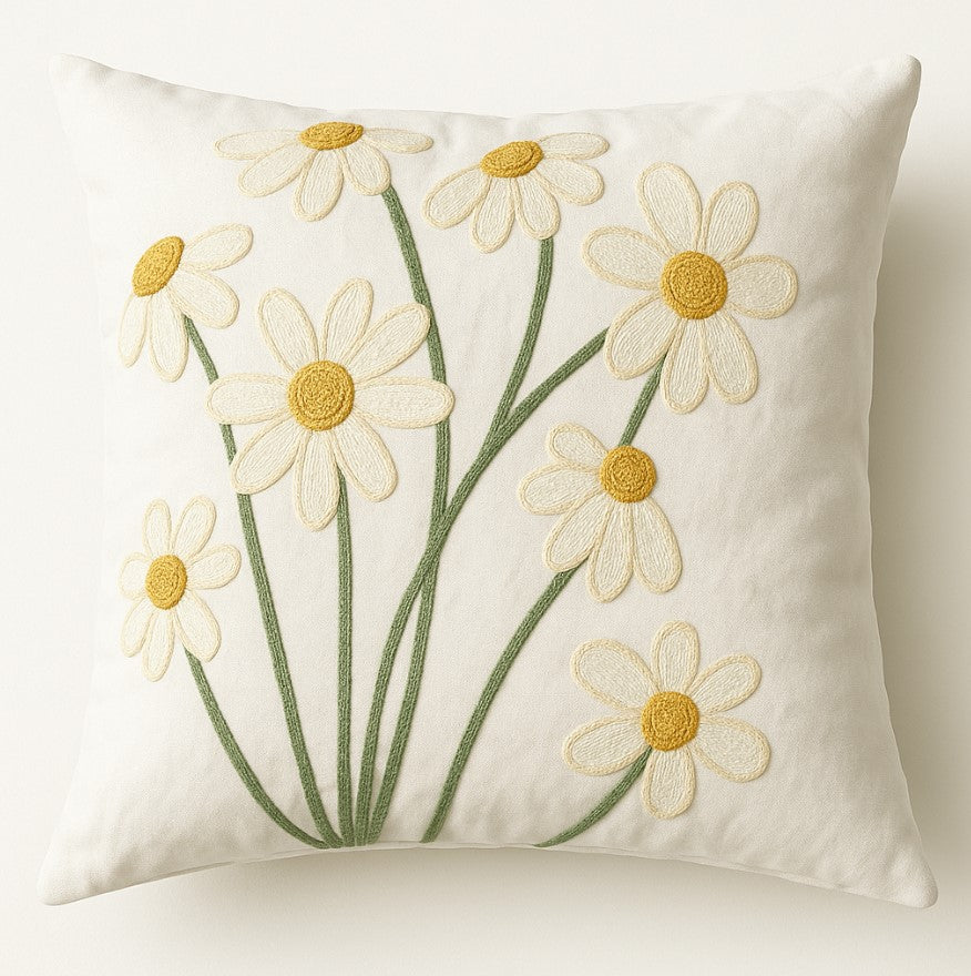 Funda Cojin Blancas Margaritas Bordadas 45x42