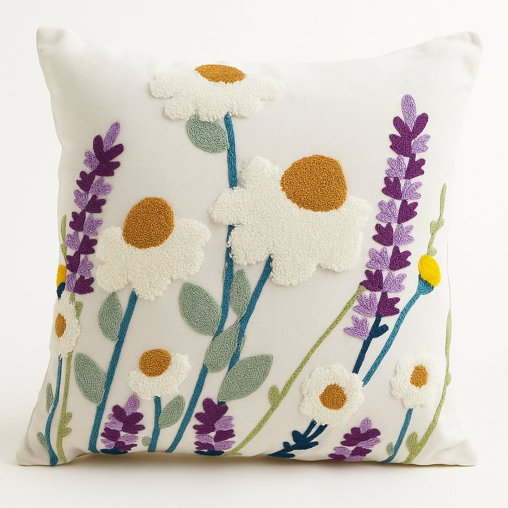 Funda Blanca Bordada Lavanda Y Margarita 45x42