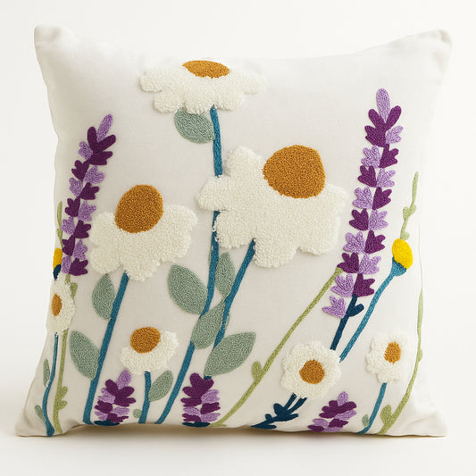 Funda Blanca Bordada Lavanda Y Margarita 45x42